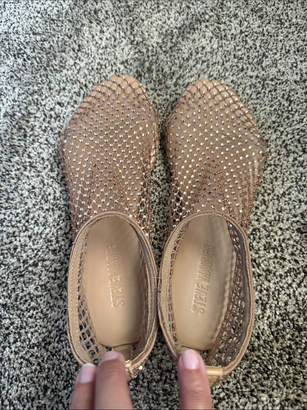 Steve Madden Nude/Rose Gold Beaded Mesh Ankle-Strap Sandals - Picture 2 of 3